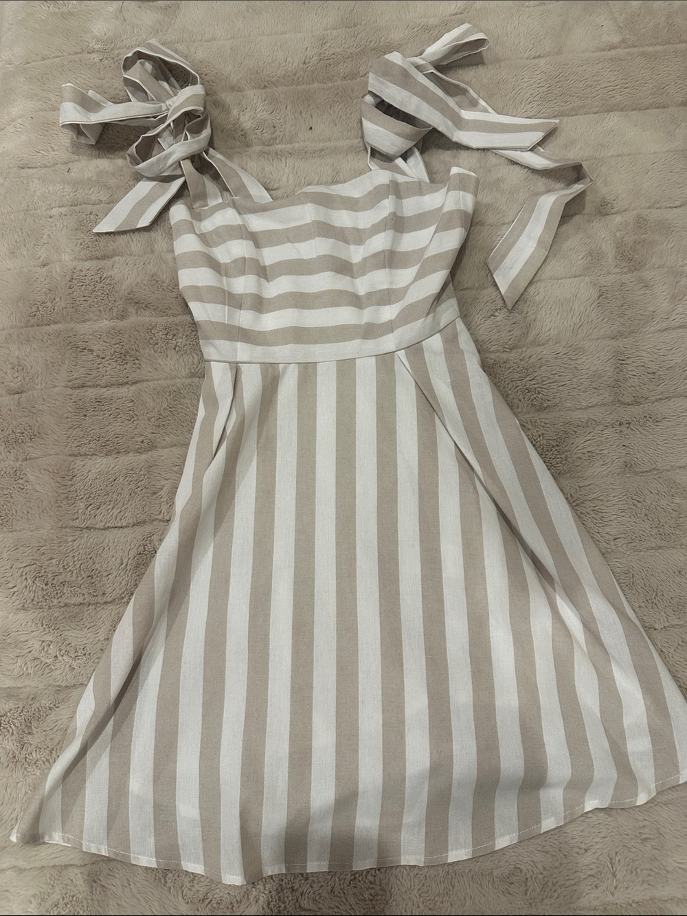 Vici Striped Tie-Shoulder A-Line Dress in White and Tan